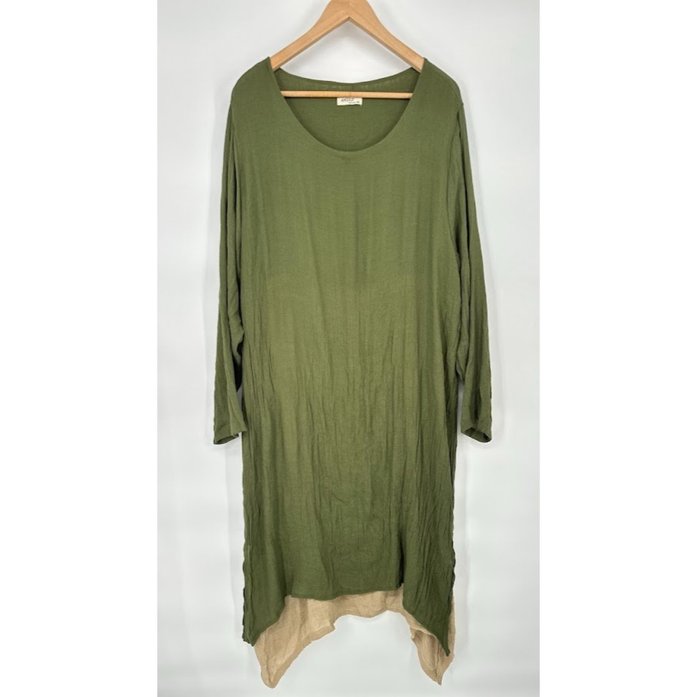 Anself Maxi Dress Green Size 5XL Asymmetrical Lagenlook Long Sleeve Crinkle‎